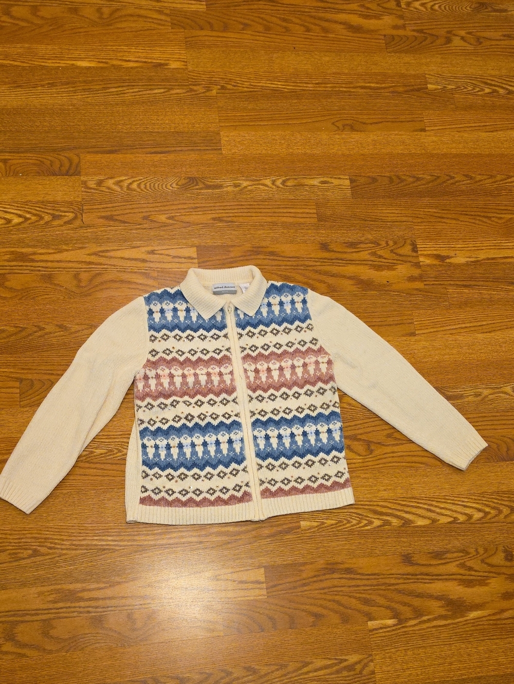 Alfred Dunner Cream and Blue Zip-Front Knit Sweater